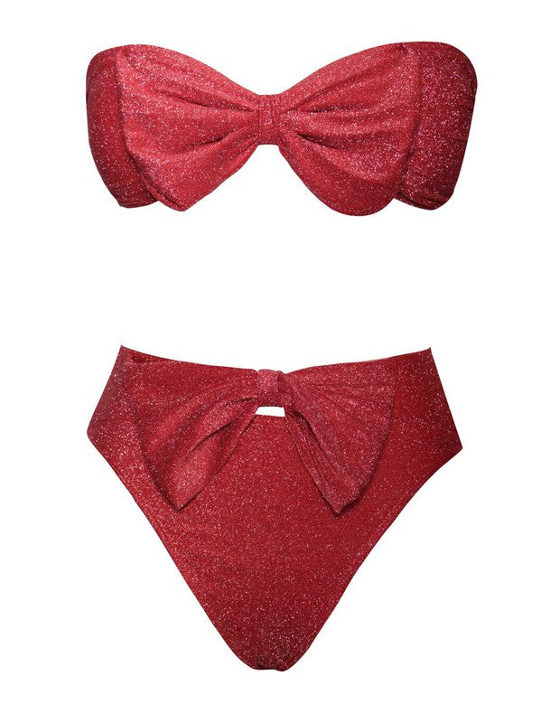 Islay Red Glitter Bow Front Bandeau Bikini Swimsuit