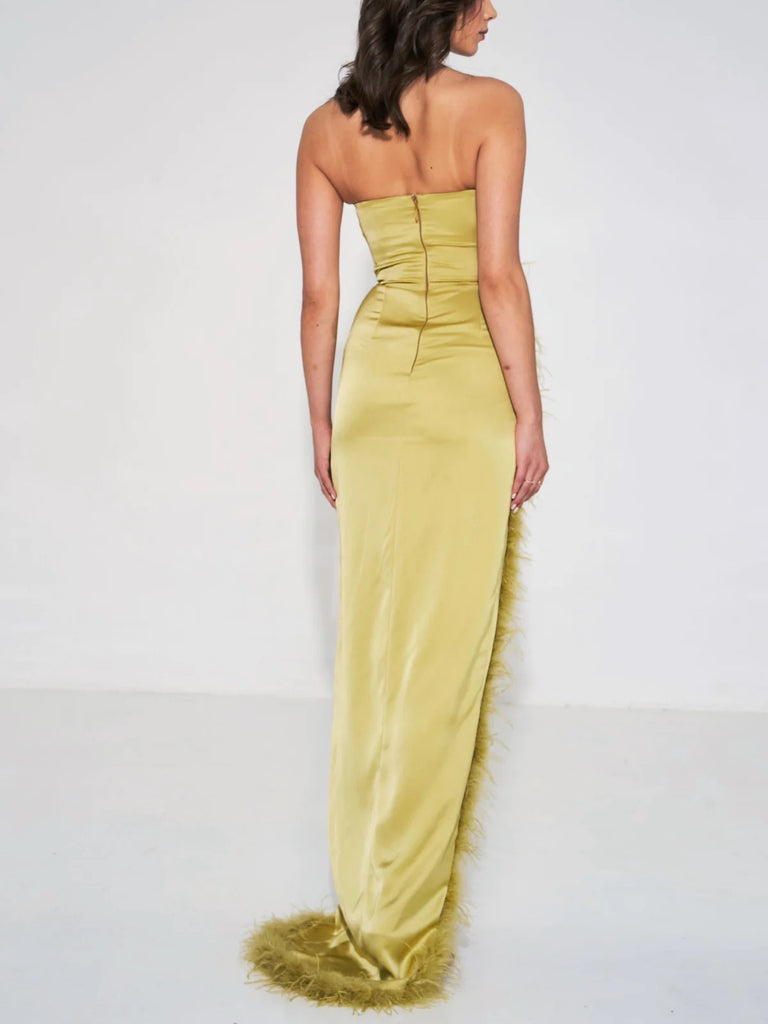 Perrin Olive Feather High Slit Gown