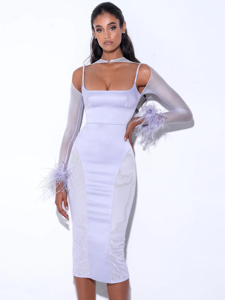 Oaklie Silver Satin Mesh Sleeve Dress with Feather