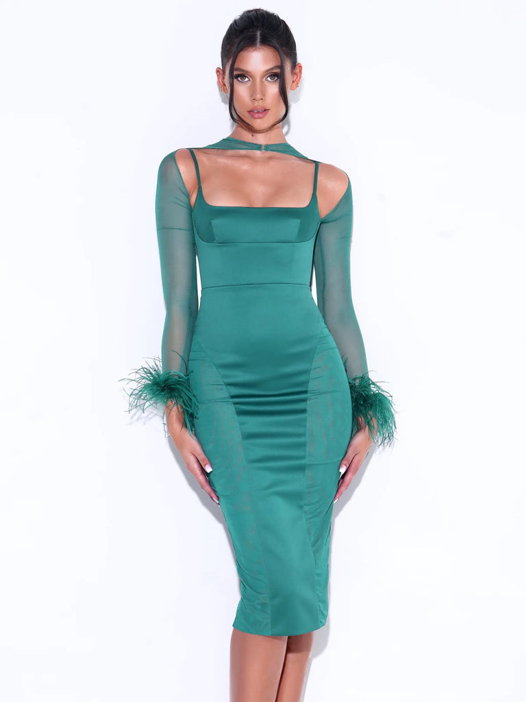 Oaklie Emerald Green Satin Mesh Sleeve Dress with Feather